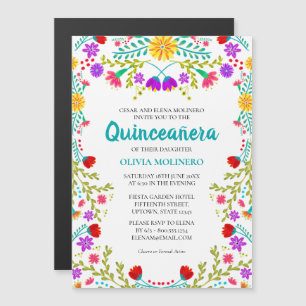 Invitation Magnétique Fête Florale mexicaine Quinceanera 15e anniversair