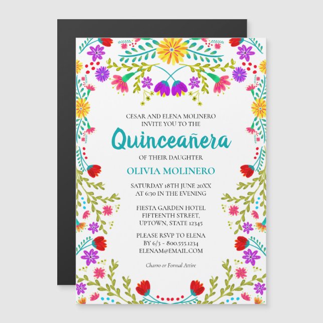 Invitation Magnétique Fête Florale mexicaine Quinceanera 15e anniversair (Devant / Derrière)