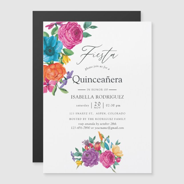 Invitation Magnétique Fête Quinceañera Florale Aquarelle (Devant / Derrière)