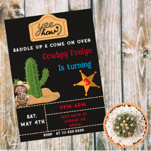 Invitation Magnétique Fête Western Cowgirl Anniversaire Cactus