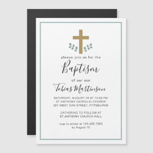 Invitation Magnétique Feuilles simples d'Eucalyptus avec baptême croisé
