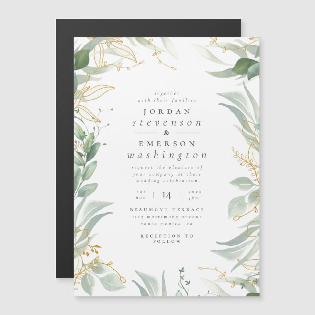 Invitation Magnétique Feuilles verts et Mariage de branches d'or (Devant / Derrière)