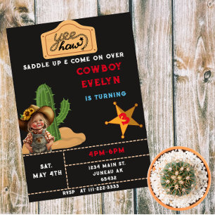 Invitation Magnétique Fille d'anniversaire de la fête du cactus cowboy 