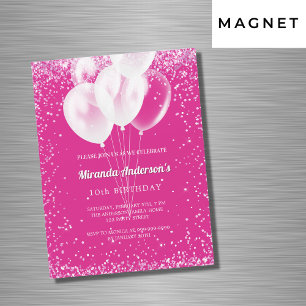 Invitation Magnétique Fille fête d'anniversaire hot rose blanc ballons l