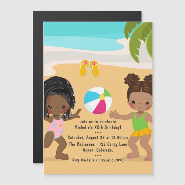 Invitation Magnétique Fille noire Summer Beach fête d'anniversaire (Devant / Derrière)