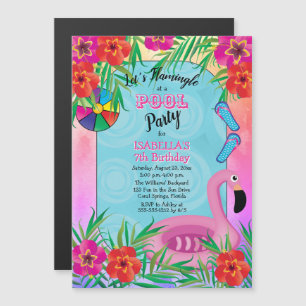Invitation Magnétique Flamingle rose Floral 7e anniversaire Pool Party