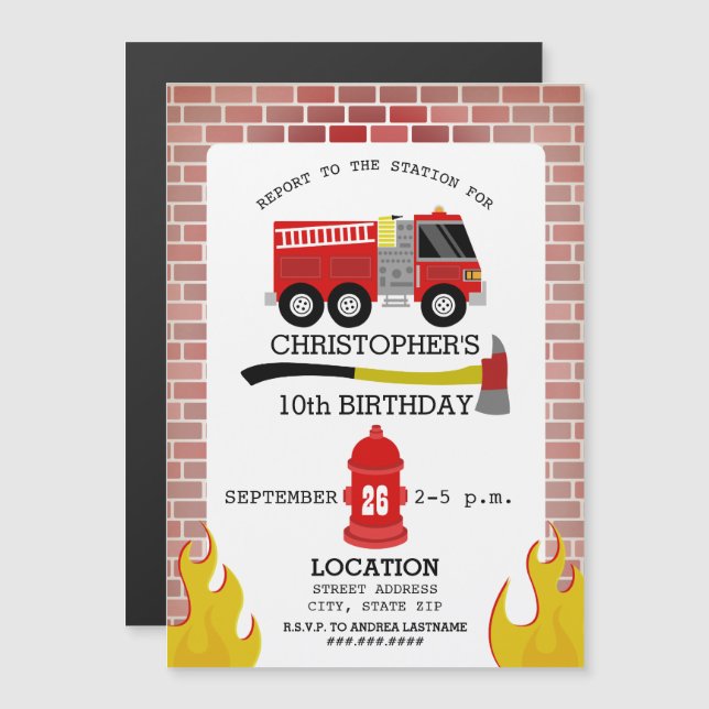 Invitation Magnétique Flammes de briques pompier Ax Hydrant Anniversaire (Devant / Derrière)