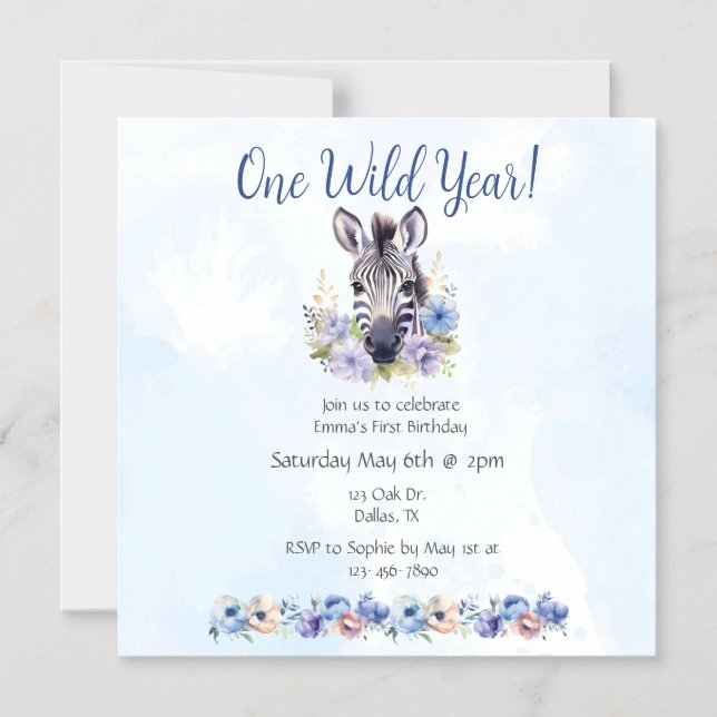 Invitation Magnétique Fleur bleue Zèbre Anniversaire (Recto)