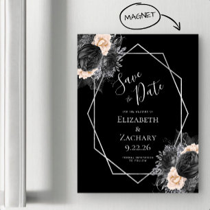 Invitation Magnétique Fleur de Pêche Noire Géométrique Épargnez la Date