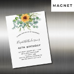 Invitation Magnétique Fleur de soleil d'anniversaire eucalyptus verdure<br><div class="desc">Pour une fête d'anniversaire de 40e (ou tout âge). Un arrière - plan blanc décoré de tournesols aquarellés,  de verdure d'eucalyptus. Personnalisez et ajoutez votre nom et les détails de votre fête.</div>