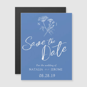 Invitation Magnétique Fleur sauvage simple bleu blanc enregistrer la dat
