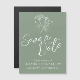 Invitation Magnétique Fleur sauvage simple vert blanc enregistrer la dat