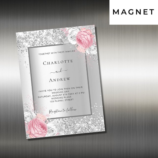 Invitation Magnétique Fleuron rose argent blanc fleuris mariage de luxe (Créateur téléchargé)