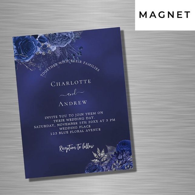 Invitation Magnétique Fleurs bleu marine élégant mariage de luxe (Créateur téléchargé)