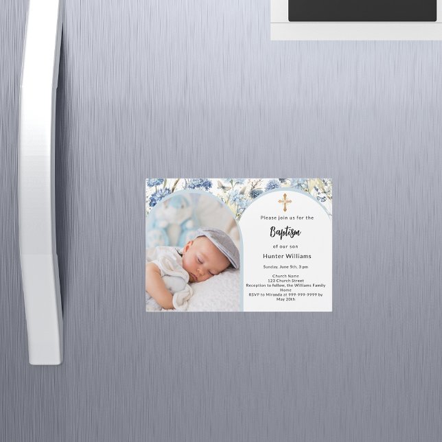 Invitation Magnétique Fleurs bleues photo arc garçon cross Baptême (Créateur téléchargé)