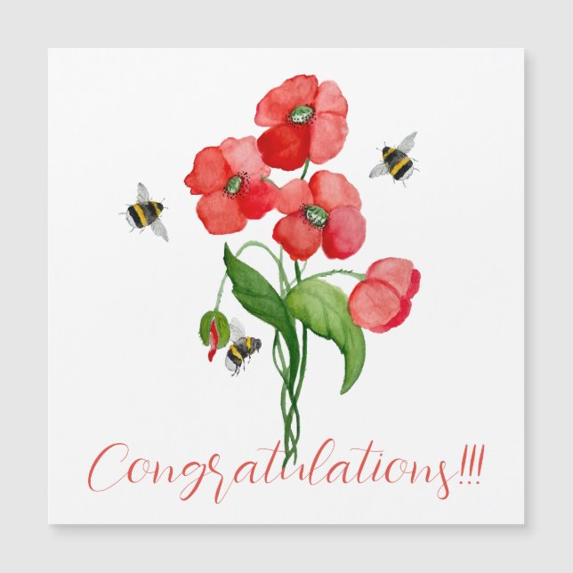 Invitation Magnétique Fleurs de coquelicot écarlate d'aquarelle et bourd (Devant)
