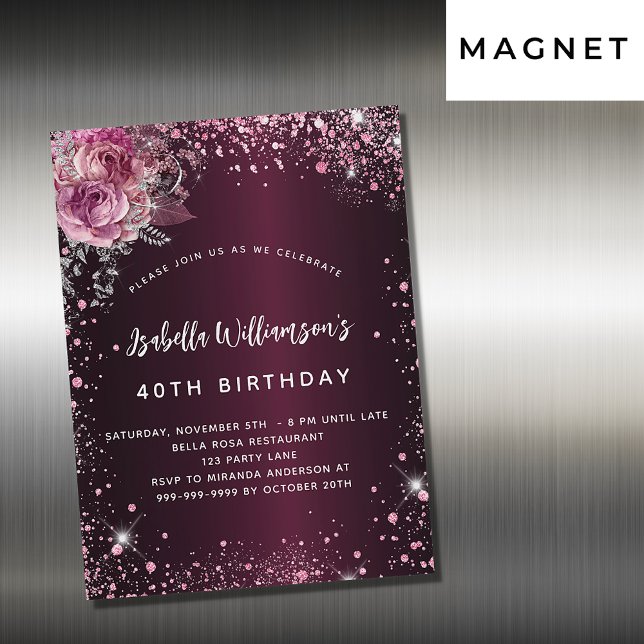 Invitation Magnétique Fleurs roses bordeaux d'anniversaire parties scint (Créateur téléchargé)