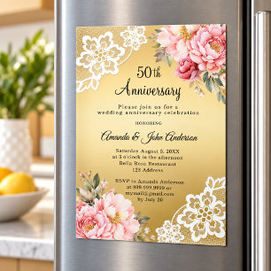 Invitation Magnétique Fleurs roses or pour les 50 ans de mariage