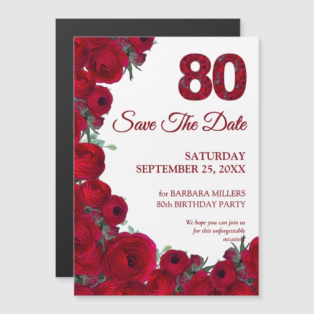 Invitation Magnétique Fleurs Rouges Gras Date de Sauvegarde 80e Annivers (Devant / Derrière)