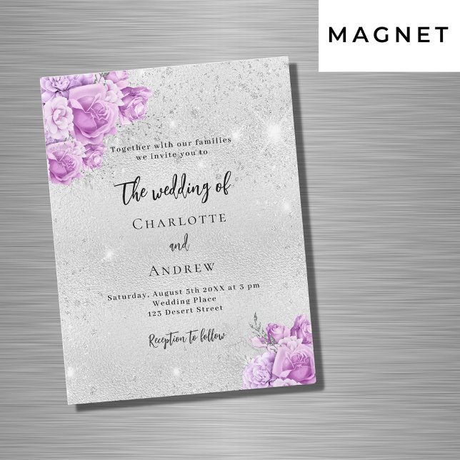 Invitation Magnétique Fleurs violet rose argent mariage de luxe (Créateur téléchargé)