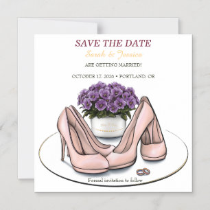 Invitation Magnétique Fleurs Violettes Élégantes Mariage Lesbien Enregis