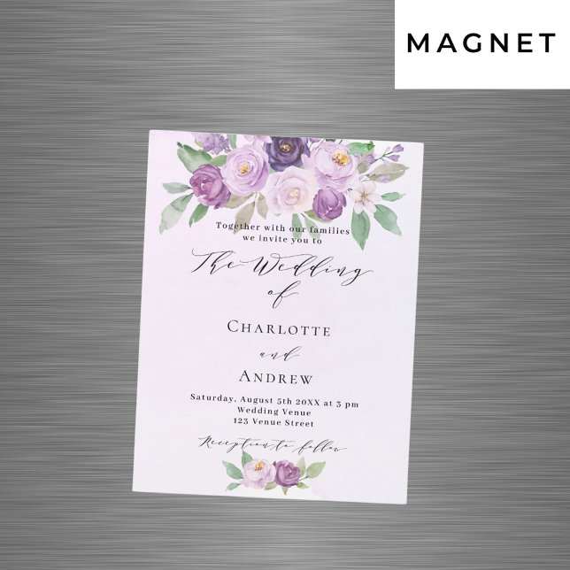 Invitation Magnétique Fleurs violettes rose verdure mariage de luxe (Créateur téléchargé)