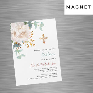 Invitation Magnétique Floral blanc verdure or croix luxe baptême