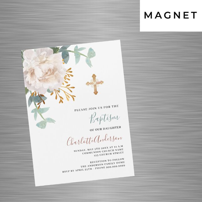 Invitation Magnétique Floral blanc verdure or croix luxe baptême (Créateur téléchargé)