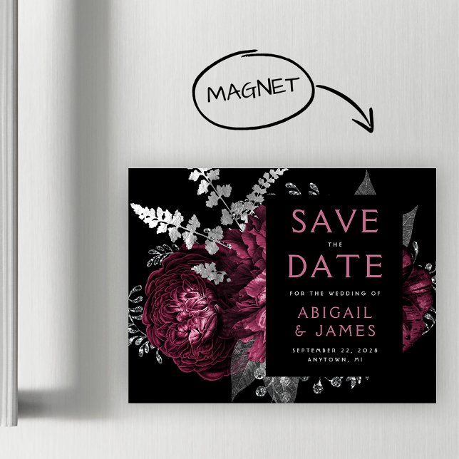 Invitation Magnétique Floral Burgundy Mariage en argent Enregistrer la d (Créateur téléchargé)