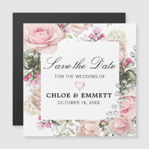 Invitation Magnétique Floral rose et blanc rustique Enregistrer la date