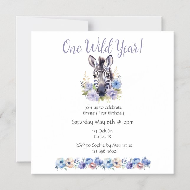 Invitation Magnétique Floral Zebra Anniversaire (Recto)