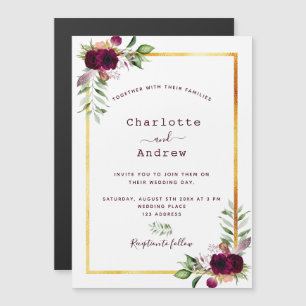 Invitation Magnétique Floraux Bourgogne or vert boho mariage