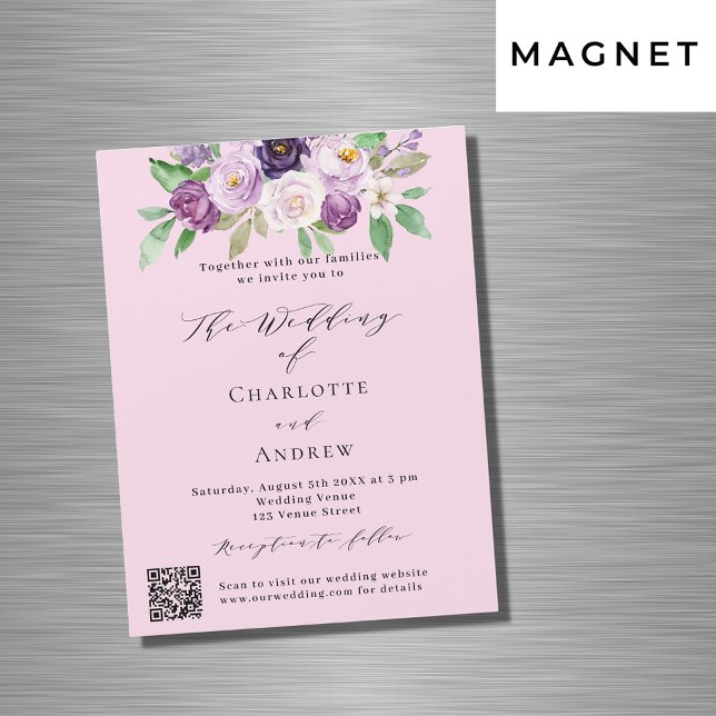 Invitation Magnétique Flores violets roses QR détails RSVP mariage de lu (Créateur téléchargé)
