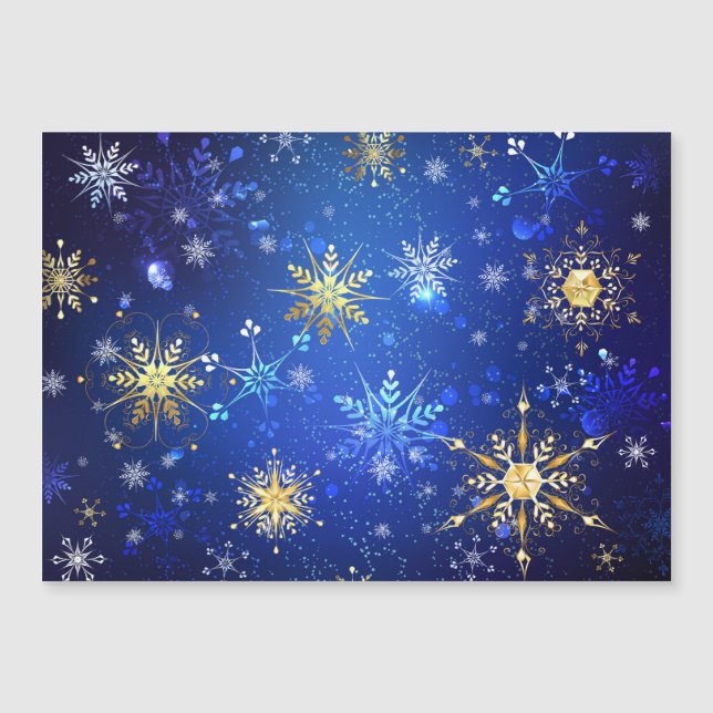 Invitation Magnétique Fond bleu de Noël avec flocons de neige dorés (Devant)