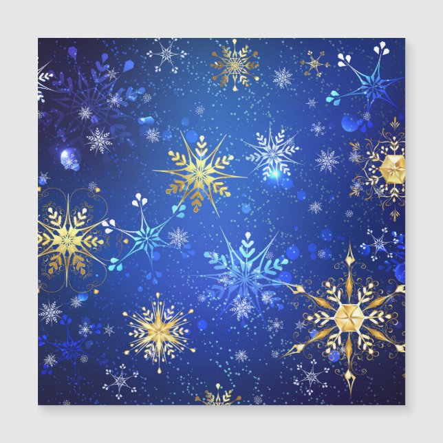 Invitation Magnétique Fond bleu de Noël avec flocons d'or (Devant)