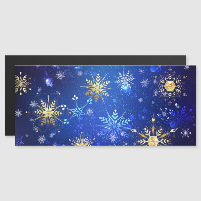 Invitation Magnétique Fond bleu de Noël avec flocons d'or (Devant / Derrière)