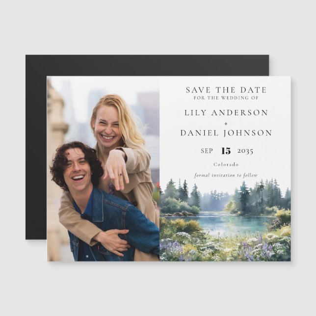 Invitation Magnétique Forest Lakeside Floral Photo Wedding Save The Date (Devant / Derrière)