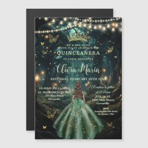 Invitation Magnétique Forêt Enchantée Robe Émeraude Quinceañera