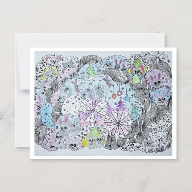 Invitation Magnétique Forêt hivernale fantaisiste créatures magiques (Recto)