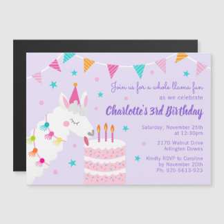Invitation Magnétique Gâteau tout Llama amusant 3ème anniversaire violet