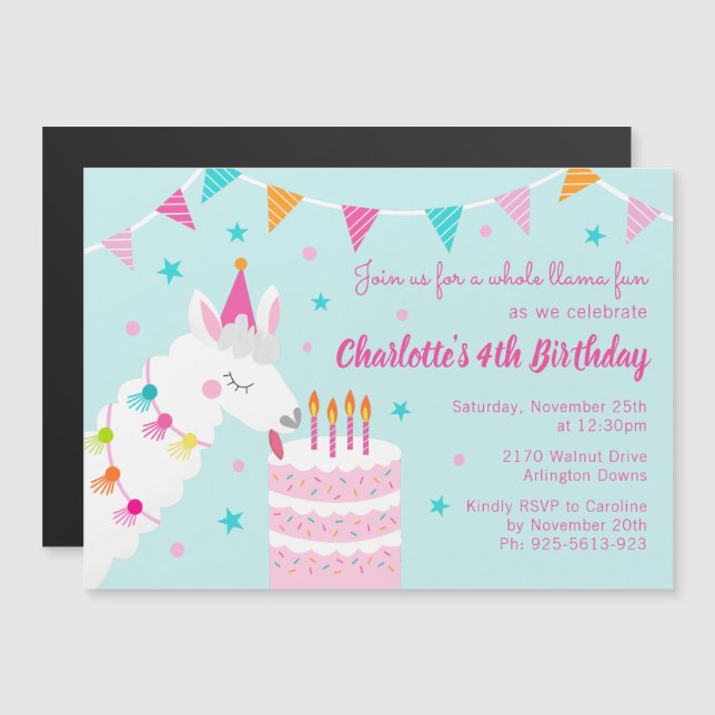 Invitation Magnétique Gâteau tout Llama amusant 4e anniversaire Aqua (Devant / Derrière)