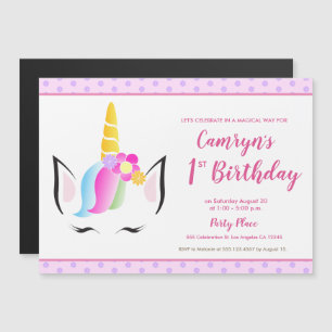 Invitation Magnétique Girly 1er mignon fête d'anniversaire à la unicorne