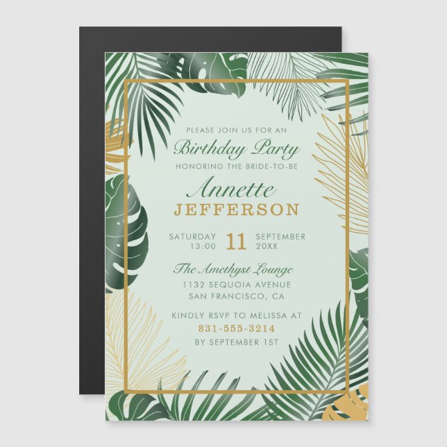 Invitation Magnétique Glam Green Tropical Feuilles tendance fête d'anniv (Devant / Derrière)