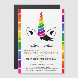 Invitation Magnétique Glam Rainbow Unicorn fête d'anniversaire