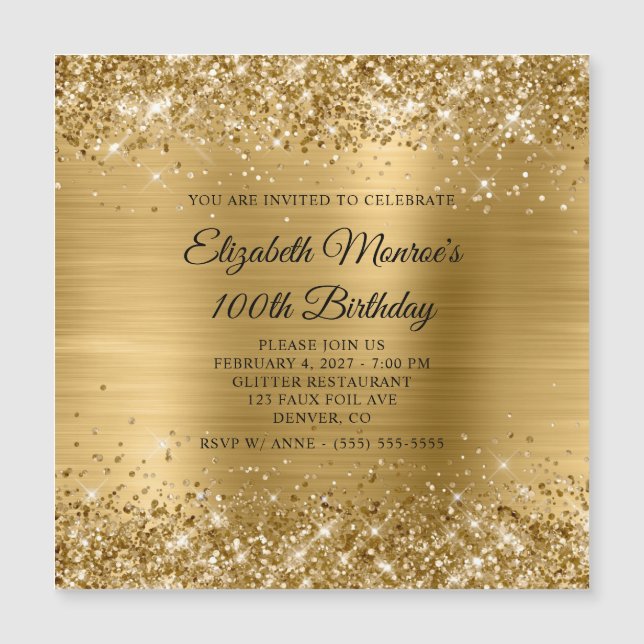 Invitation Magnétique Glittery Gold Foil 100e anniversaire (Devant)