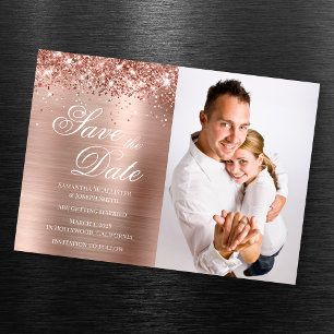 Invitation Magnétique Glittery Rose Gold Foil Photo Enregistrer la date