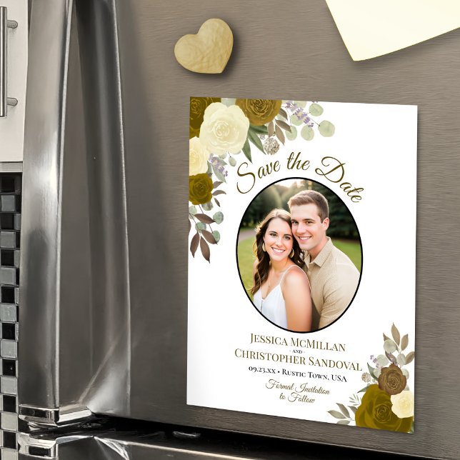 Invitation Magnétique Gold Boho Floral & Photo Wedding Enregistrer la da (Magnetic Card for Easy Display)