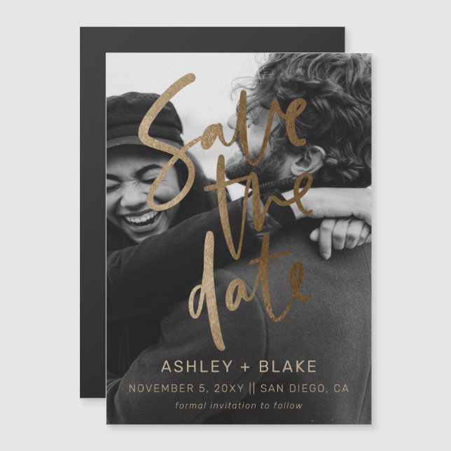Invitation Magnétique Gold Calligraphy Photo Enregistrer la date (Devant / Derrière)