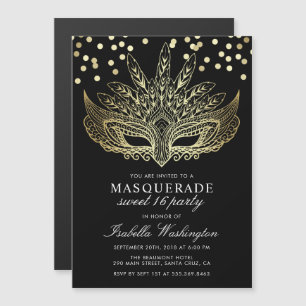 Invitation Magnétique Gold Confetti Masquerade Sweet 16 Party