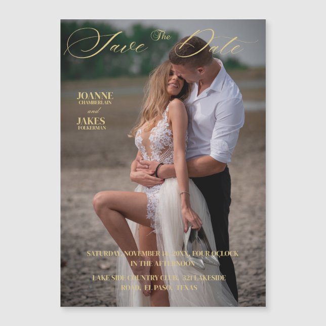 Invitation Magnétique Gold Elegant Photo Enregistrer La Date (Devant)